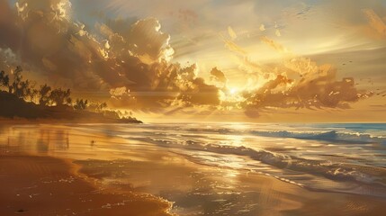 tranquil sunset over serene beach landscape warm golden hues photorealistic digital painting