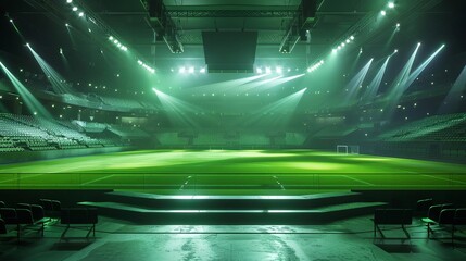 verdant soccer stadium showcase central stage encircled by vacant chairs and flashing lights 3d product presentation