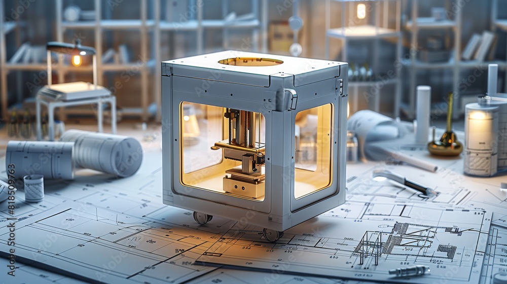 Leinwandbilder a sleek 3d printer stands prominently amidst a sea of meticulously arranged blueprints and sketches,