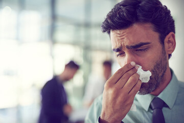 Virus, business and man with tissue, sneeze and sick with allergy, health condition and disease....