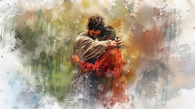 the return of the prodigal son parable father embracing repentant son digital watercolor painting