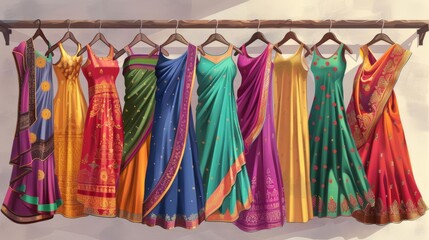 vibrant indian womens fashion dresses showcased on hangers in retail shop concept illustration