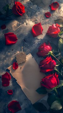 Romantic Valentine's Day Poster with Red Roses, Love Letter, and 'Smiles' Tag, AI-Generated in Lightstock Style, Deep Colors, Warm Lighting, Commercial Photography
