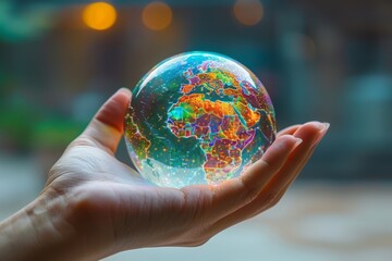 A hand holding a glowing, transparent globe with colorful continents, symbolizing global connection and unity.