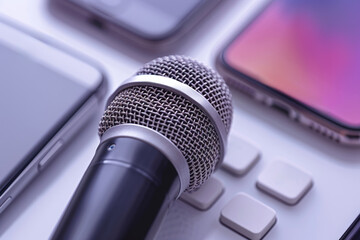 Close-up of a microphone placed on a keyboard surrounded by smartphones, symbolizing modern communication and media technology.