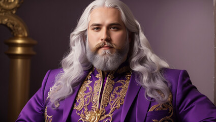  a person with long wavy white hair and a long white beard, wearing an ornate purple suit with gold trim and a gold necklace.