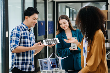 Discussion among businesspeople on the latest developments in solar cell panel technology and Solar Energy Environment city Concept...