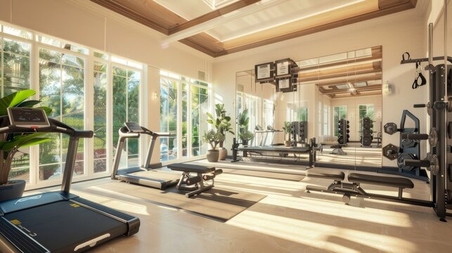 A stylish home gym area with modern exercise equipment, a large mirror, and motivational posters, leaving room for text or graphics