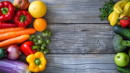 A close-up of a colorful assortment of fresh fruits and vegetables arranged neatly on a wooden table, with blank space beside them for adding personalized nutrition plan details
