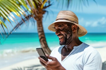 Positive middle aged man standing on a Caribbean beach with palm trees