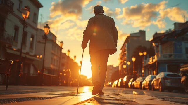 Rear view. A blind man walking in the street, holding a white cane. Generative AI.