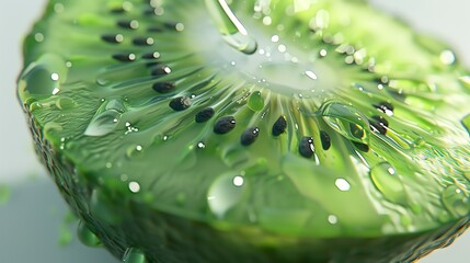 Craft a visually stunning 3D-rendered Kiwi from a unique worms-eye view perspective Emphasize the Kiwis lush green hues and seeds, against a clean white backdrop for maximum impact