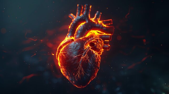 3D illustration of aRong Yan De Xin Zang . The heart is beating and glowing. The background is dark.