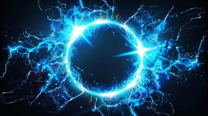 electric plasma portal glowing blue holographic circles and lightning frame isolated on black futuristic scifi background