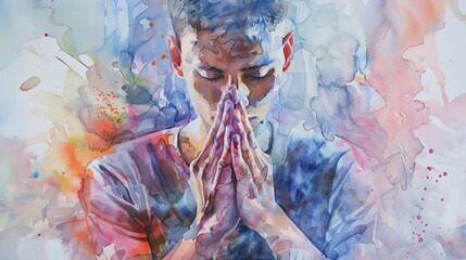 spiritual man praying watercolor illustration of faith and devotion meditative pose with clasped hands