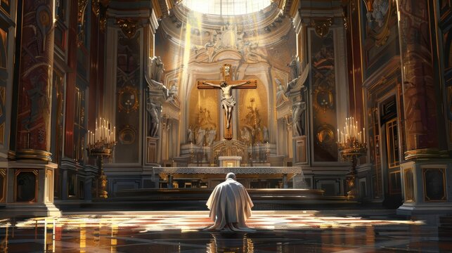 pope kneeling in prayer at ornate altar in grand cathedral spiritual religious leader digital painting