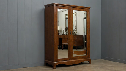 A wooden armoire with two mirrored doors.

