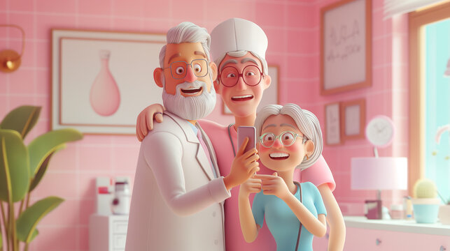 A creative 3D illustration of an elderly couple taking a selfie with their doctor in a cozy clinic setting, clinic interior, hd, whimsical healthcare concept with copy space