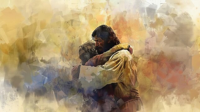 the return of the prodigal son parable father embracing repentant son digital watercolor painting