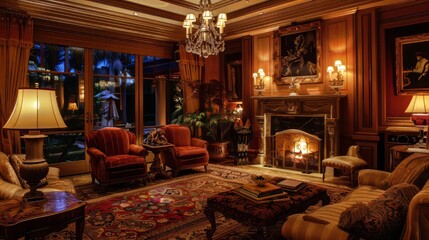 cozy living room with a fireplace, two armchairs, a sofa, and a coffee table with books on it