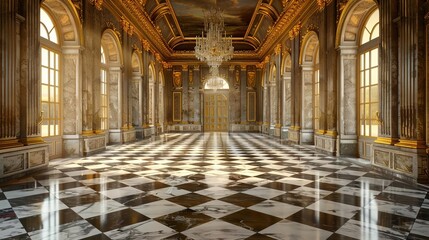 Fototapeta premium luxurious golden marble interior of royal palace with checkered floor 3d rendering