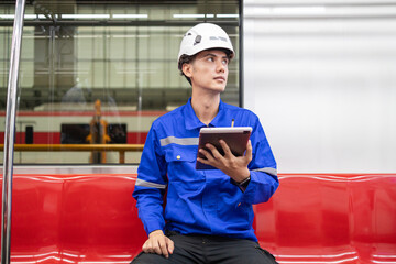 Railway Worker Reviewing Data on Tablet in Train