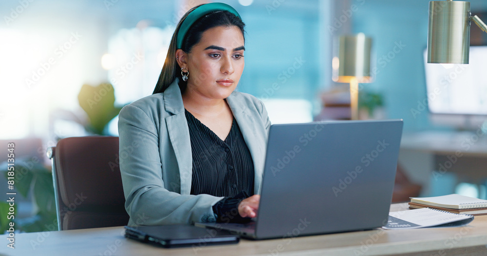 Poster typing, business and woman with laptop, thinking and problem solving with connection, internet and p