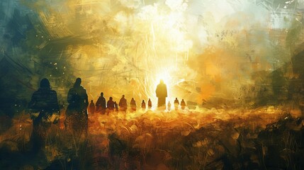 Fototapeta premium risen jesus appearing to disciples in radiant light easter morning biblical scene digital painting
