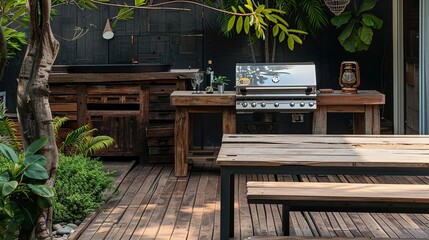outdoor bbq grill with empty wooden table in backyard lifestyle scene
