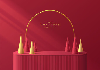 3D red product podium background with christmas tree gold conical shape. Abstract composition in minimal design. Studio showroom product pedestal, Fashion showcase mockup scene. Vector showcase design