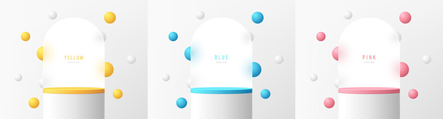 Set of 3D white product podium background with bounce balls in blue, light pink, yellow color. Abstract composition in minimal design. Studio showroom product pedestal, Fashion showcase mockup scene.