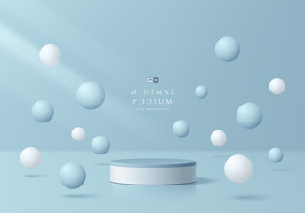 3D blue product podium background with white, blue bounce balls. Abstract composition in minimal design. Studio showroom product pedestal, Fashion showcase mockup scene. Vector banner showcase design.