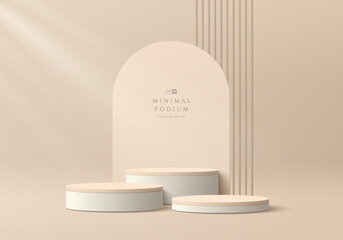 3D beige product podium background with vertical pillars, arch backdrop. Abstract composition in minimal design. Studio showroom product pedestal, Fashion showcase mockup scene. Vector showcase design