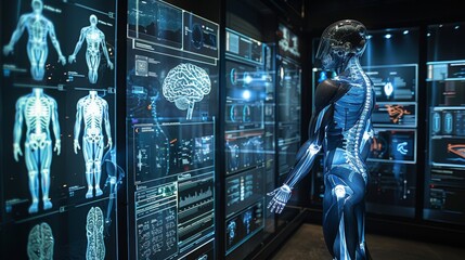 The skeletal structure of the Human body stands in front of a digital display, examining the contents on the screen