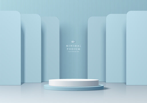 3D blue product podium background with layers rectangles backdrop wall. Abstract composition in minimal design. Studio showroom product pedestal, Fashion showcase mockup scene. Vector showcase design.