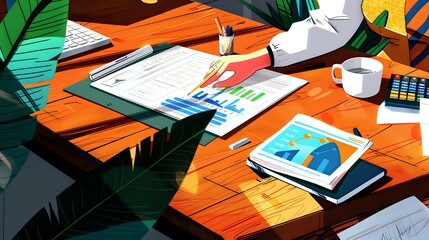 Accounting & Finance professional in the workplace with computers, calculators, and charts