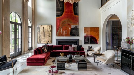  living room with a red velvet sofa, two white armchairs, and a large painting on the wall.