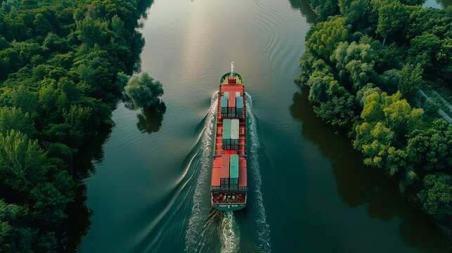 ecofriendly cargo container ship on river sustainable maritime transport concept