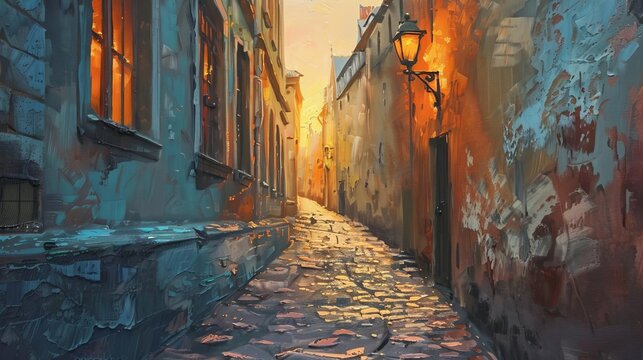 sunset in old urban city street alley from 1800s oil painting