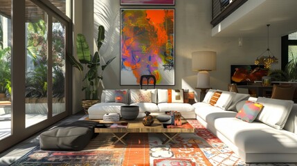 modern living room with a large colorful painting, white sectional sofa, and a coffee table with a vase of flowers on it