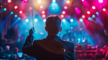 A man in a suit holding a baton in front of a stage. - Powered by Adobe