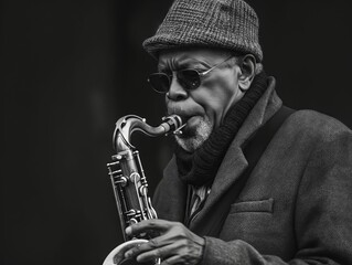 A man in sunglasses playing a saxophone.