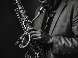 A man in a suit playing a saxophone.
