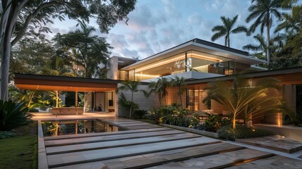 Obraz premium minimalist flat roof house with geometric garden design modern architectural exterior