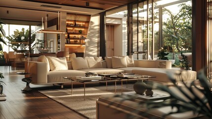 modern living room with a large white sectional sofa, a wood coffee table, and a large rug