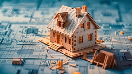 Precision and artistry intertwined in detailed architectural blueprints, with a subtle house model silhouette accentuating the design.