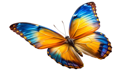 Stunning Blue, Yellow, and Orange Butterfly in Flight on a Transparent Background