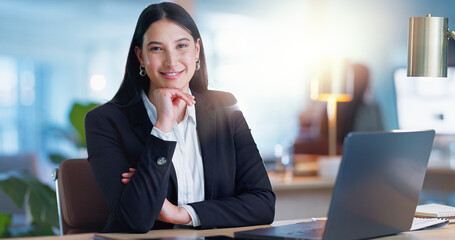 Portrait, office and businesswoman with laptop, smile and confidence with trust, consulting and...