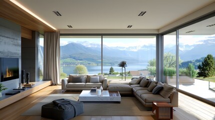 An expansive living room with a large glass window looking out onto a lake and mountains. There is a fireplace and a large comfortable couch.
