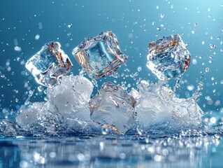 Obraz premium Summer ice cubes explode, shatter and fly, blue background. Burst part，Explosive Burst of Refreshing, Shattered Ice Cubes Scattering and Dispersing Across a Vibrant, Sunny Yellow Summer Background. Ch